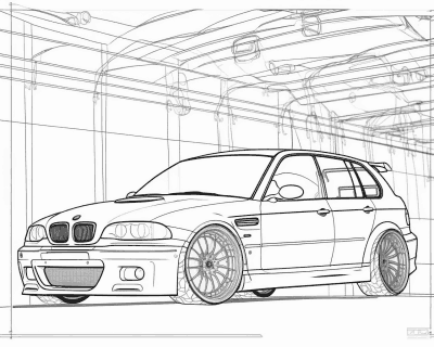 Omaľovánka športového hatchbacku s veľkými diskami v hale so strešnými nosníkmi